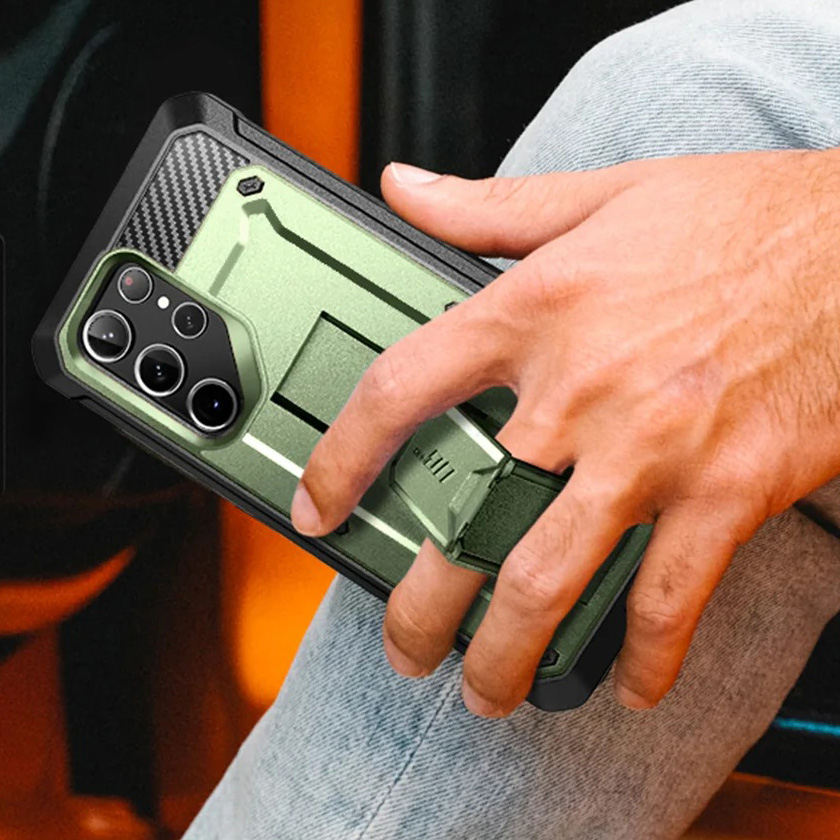 Etui pancerne z osłoną na ekran, z wbudowaną podstawką i kaburą z klipsem obrotowym Supcase Unicorn Beetle Pro do Galaxy S23 Ultra
